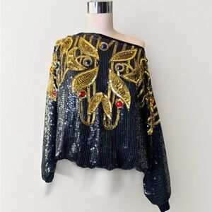 Vintage‎ 80's Silk, Sequin and Rhinestone Creative Creations Disco Glam Blouse